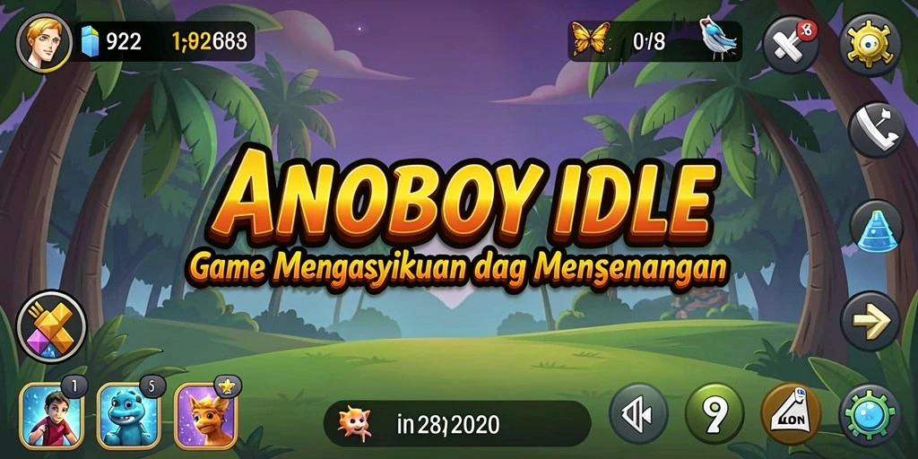 Screenshot gameplay ANOBOY memperlihatkan karakter mengumpulkan sumber daya dengan penuh warna.
