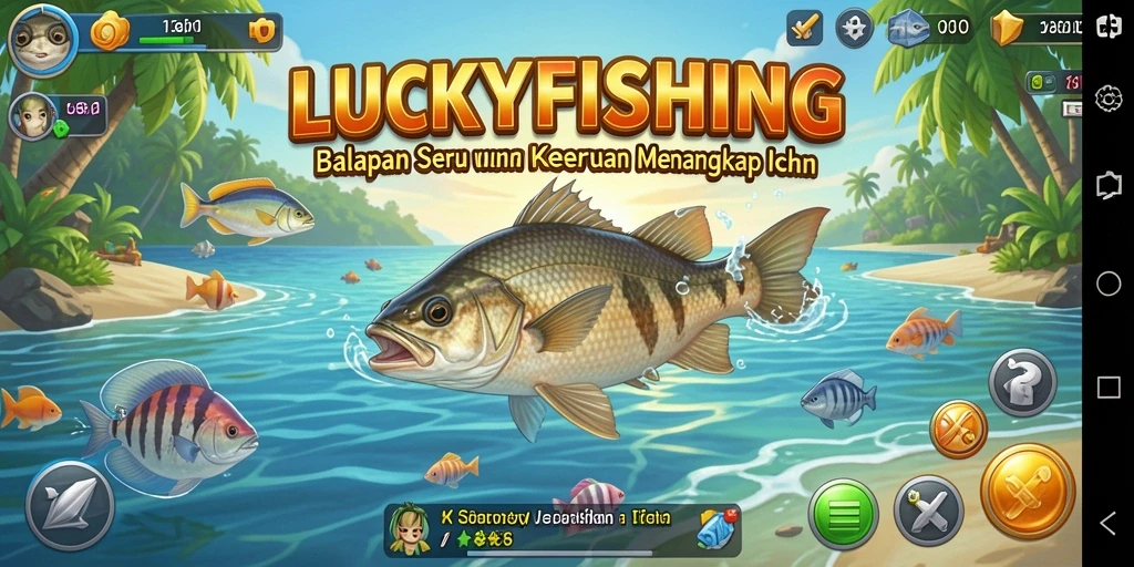 Tampilan gameplay LUCKYFISHING yang dinamis dalam balapan dan memancing.