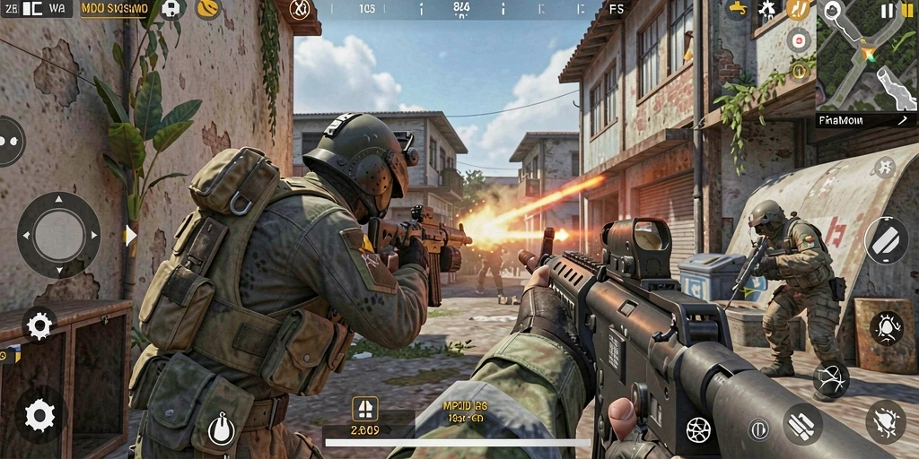 Tangkapan layar menunjukkan aksi intens dalam permainan FPS MPOID.